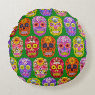 Flower Skulls Seamless Pattern 2018 Round Cushion