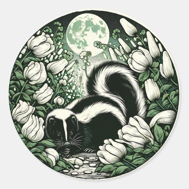 Flower Skunk Artwork Skunks Floral                 Classic Round Sticker (Front)