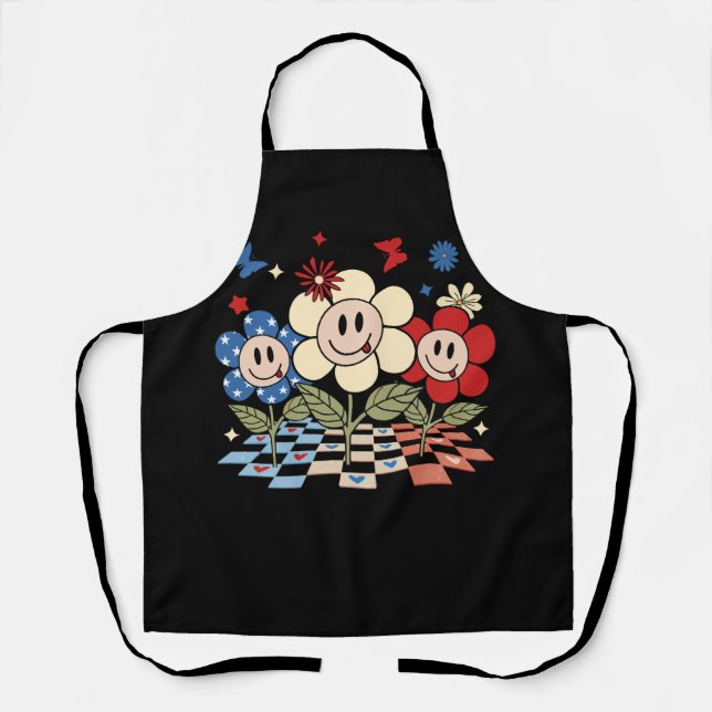 Flower Smiley Face Flag Fourth 4th Of July Indepen Apron (Front)