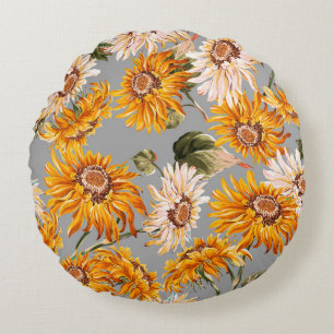 Flower sunflowers spring beautiful seamless patter round cushion