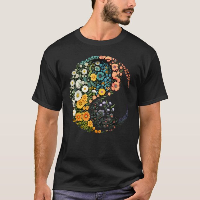 Flower Taoism Yin Yang Symbol on Zen Taijitu Yin Y T-Shirt (Front)
