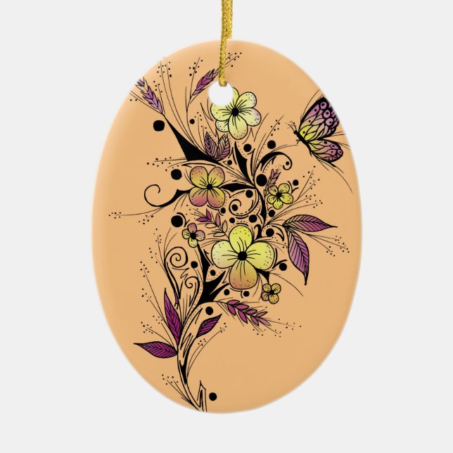 Flower Tattoo in Yellow and Purple Ceramic Tree Decoration (Front)