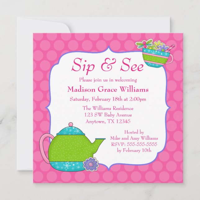 Flower Tea Cups Pink Polka Dot Sip and See Invitation (Front)