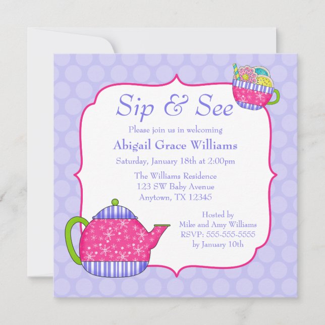 Flower Tea Cups Purple Polka Dot Sip and See Invitation (Front)