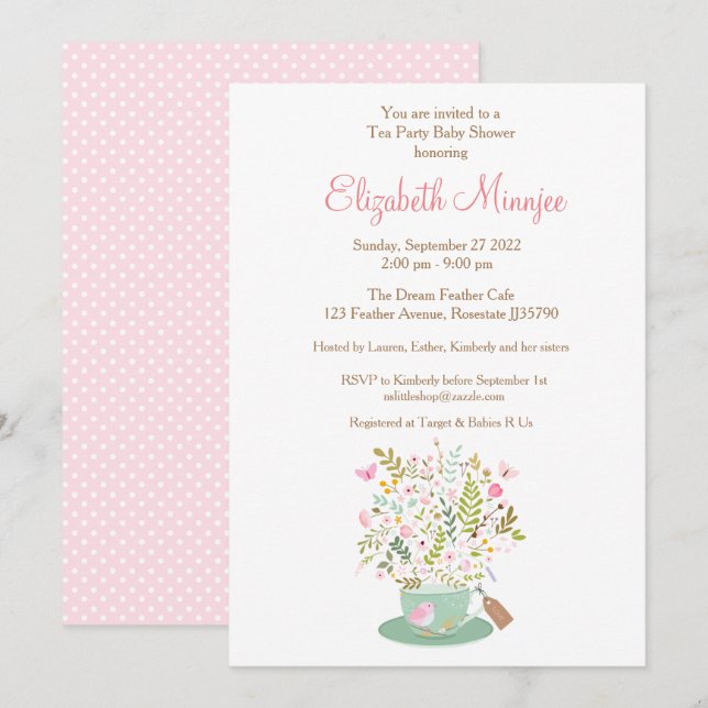 Flower Tea party Baby Shower invitation pink colou (Front/Back)
