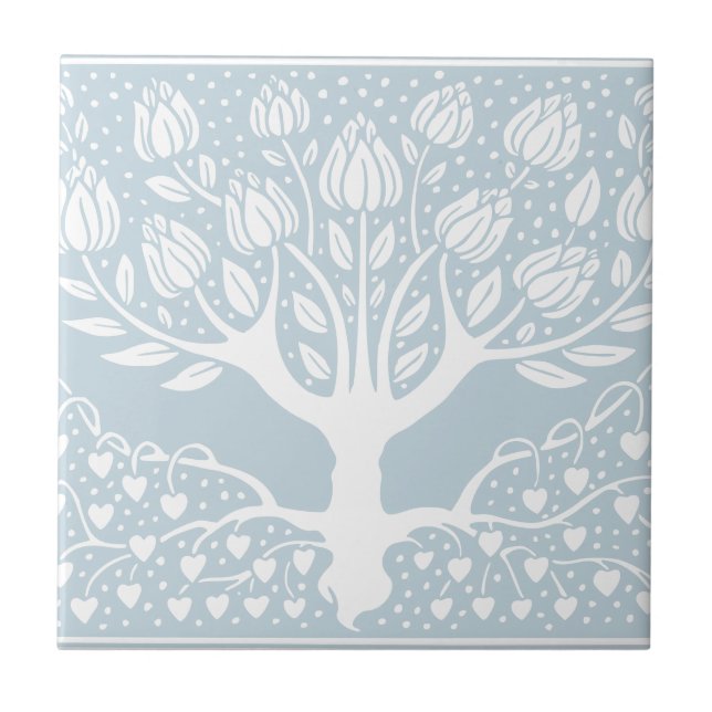 Flower Tree Baby Blue & White Beardsley Hearts Tile (Front)