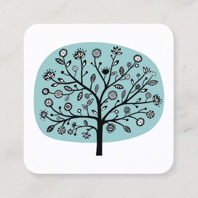 Flower Tree - Light Blue Green Square Business Card (Front)