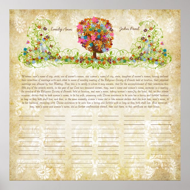 Flower Tree Print  Quaker Wedding Certificate (Front)