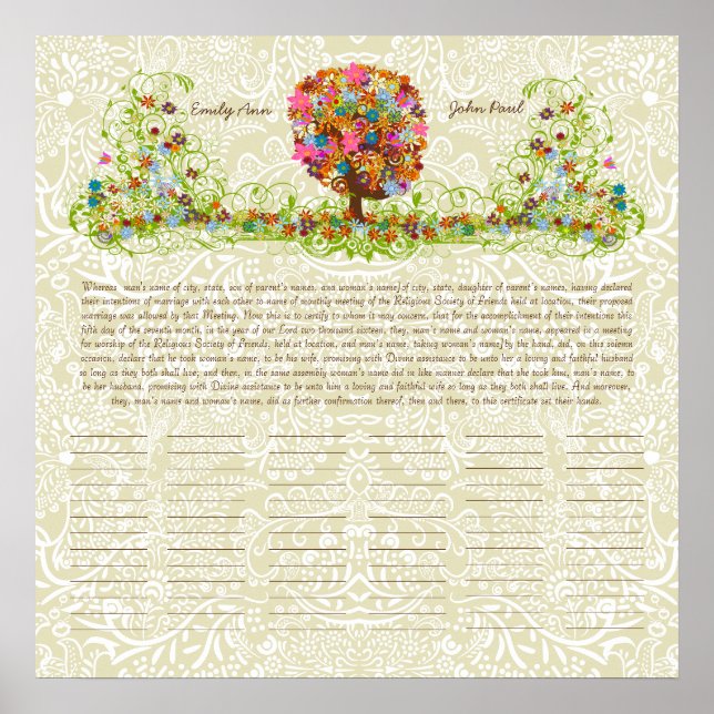 Flower Tree Print  Quaker Wedding Certificate (Front)