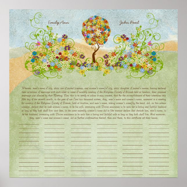 Flower Tree Print  Quaker Wedding Certificate (Front)