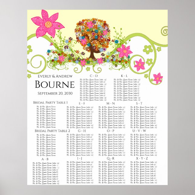 Flower Tree Seating Chart Alphabetical Table #'s (Front)