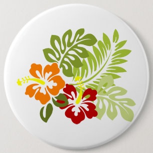 Flower Tropical Leaves Hibiscus Hawaii Red Orange. 6 Cm Round Badge