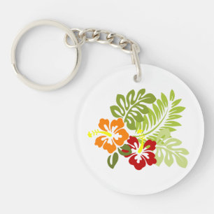 Flower Tropical Leaves Hibiscus Hawaii Red Orange. Key Ring