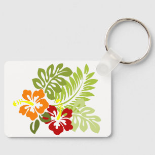 Flower Tropical Leaves Hibiscus Hawaii Red Orange. Key Ring