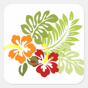 Flower Tropical Leaves Hibiscus Hawaii Red Orange. Square Sticker