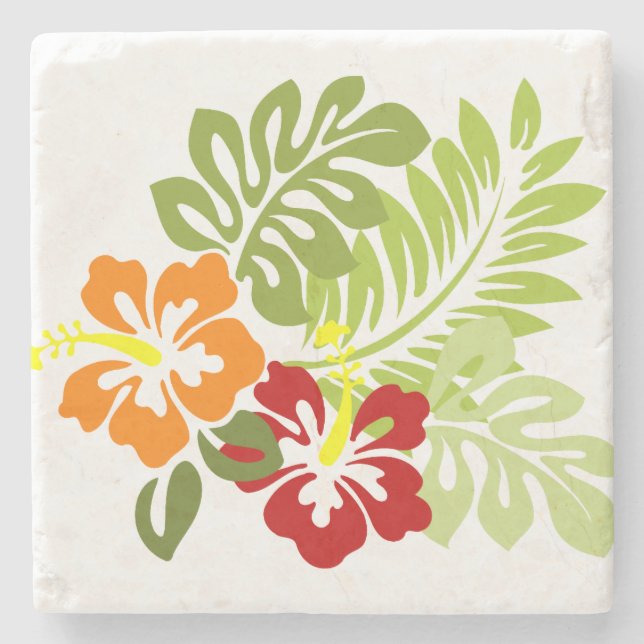 Flower Tropical Leaves Hibiscus Hawaii Red Orange. Stone Coaster (Front)