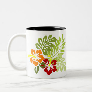Flower Tropical Leaves Hibiscus Hawaii Red Orange. Two-Tone Coffee Mug