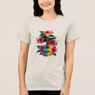 Flower Ukulele Guitar T-Shirt Round Neck Short Sle Tri-Blend Shirt