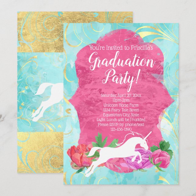 Flower Unicorn Fantasy Equestrian Graduation Party Invitation (Front/Back)