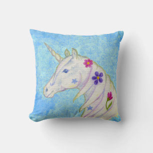Flower Unicorn on Blue Cushion