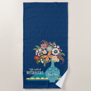 Flower Vase Blue Floral Inspirational Quote Beach Towel