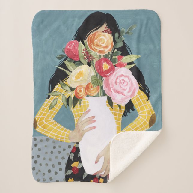 Flower Vase Girl Sherpa Blanket (Front)