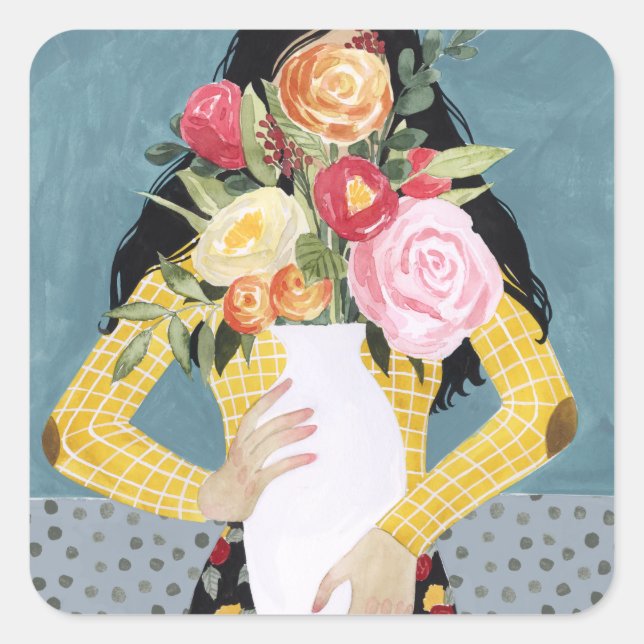 Flower Vase Girl Square Sticker (Front)