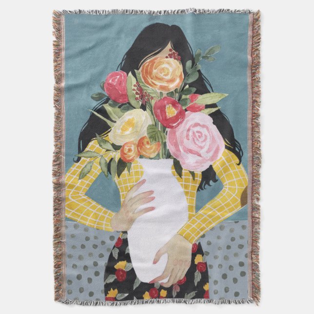 Flower Vase Girl Throw Blanket (Front Vertical)