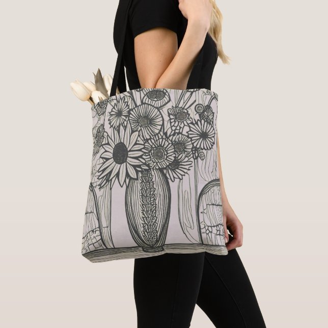 Flower Vase Line Drawing Floral Art Tote Bag (Close Up)