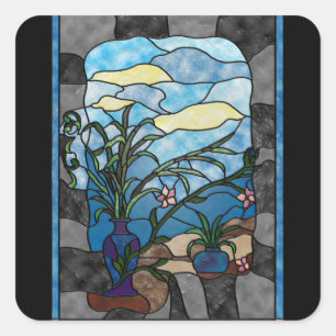 Flower Vase Plant Vintage Stained Glass Style Square Sticker