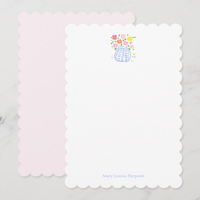 Flower Vase  Scalloped Personalised Note Card (Front/Back)