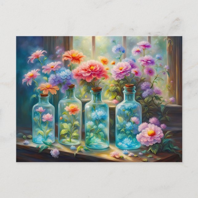 Flower vases filled with stunning, vibrant blooms  postcard (Front)