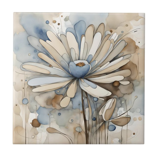Flower Watercolor Abstract Beige Grey  Tile (Front)