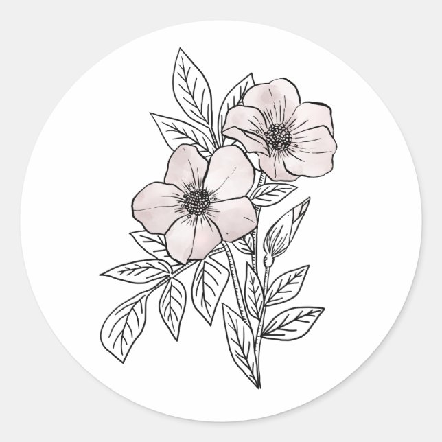 Flower watercolor line art, aesthetic element classic round sticker (Front)