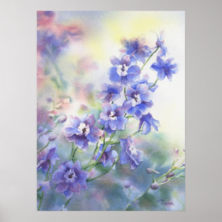 Flower watercolor poster of purple blue delphinium