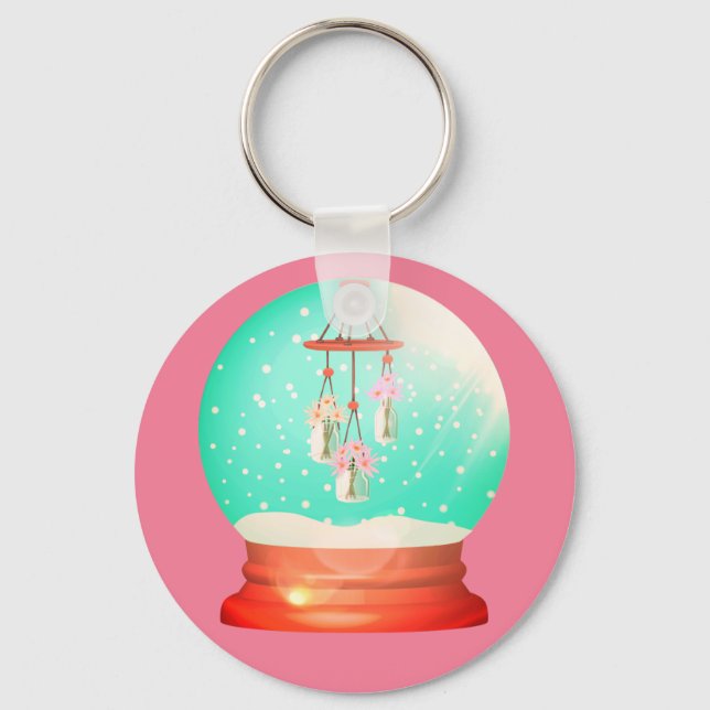 Flower windchime snow globe cute winter pink key ring (Front)