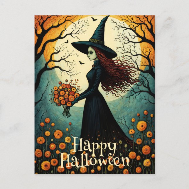 Flower Witch Girl Night Forest Happy Halloween  Postcard (Front)