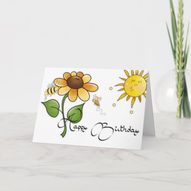 Flower with Bees Happy Birthday Card (Front)
