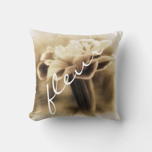 flower with French text sepia nature photo art Cushion (Front)