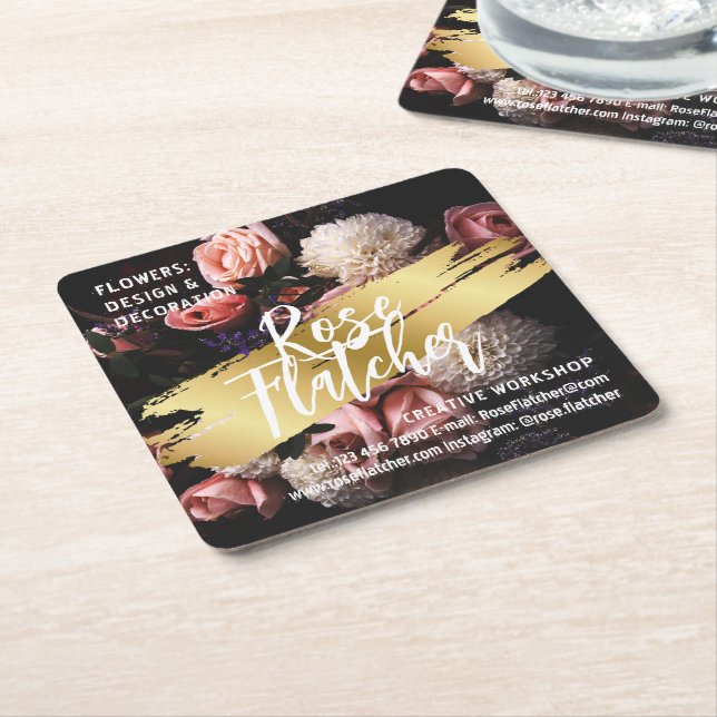 Flower Workshop Black Gold Square Paper Coaster (Angled)