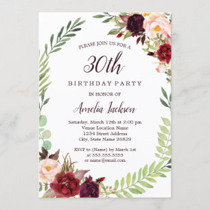 Flower Wreath Burgundy 30th Birthday Invitation