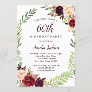 Flower Wreath Burgundy 60th Birthday Invitation