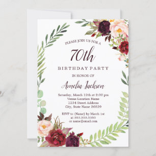 Flower Wreath Burgundy 70th Birthday Invitation