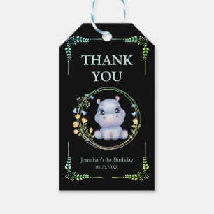 Flower Wreath Cute Hippo Birthday Thank You Black Gift Tags