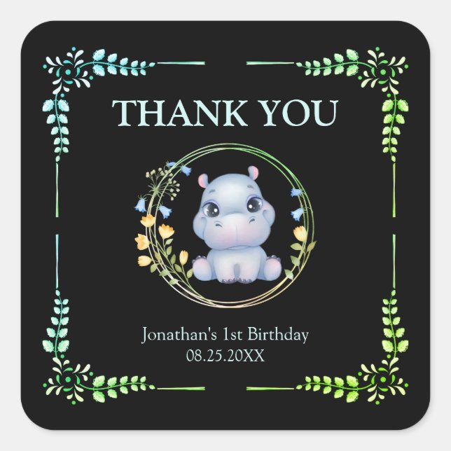Flower Wreath Cute Hippo Birthday Thank You Black Square Sticker (Front)