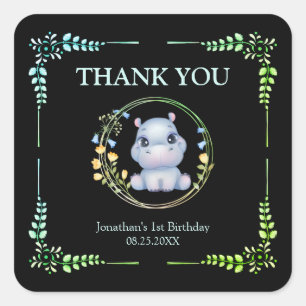 Flower Wreath Cute Hippo Birthday Thank You Black Square Sticker