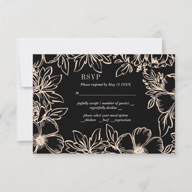  Flower wreath frame elegant wedding black RSVP (Front)