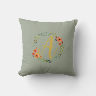 Flower Wreath Gold Monogram Initial A Cushion