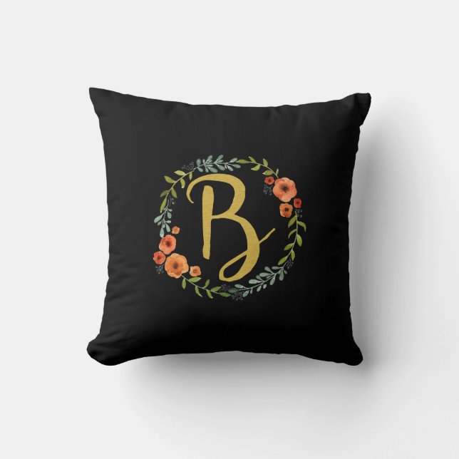 Flower Wreath Gold Monogram Initial B Cushion (Front)