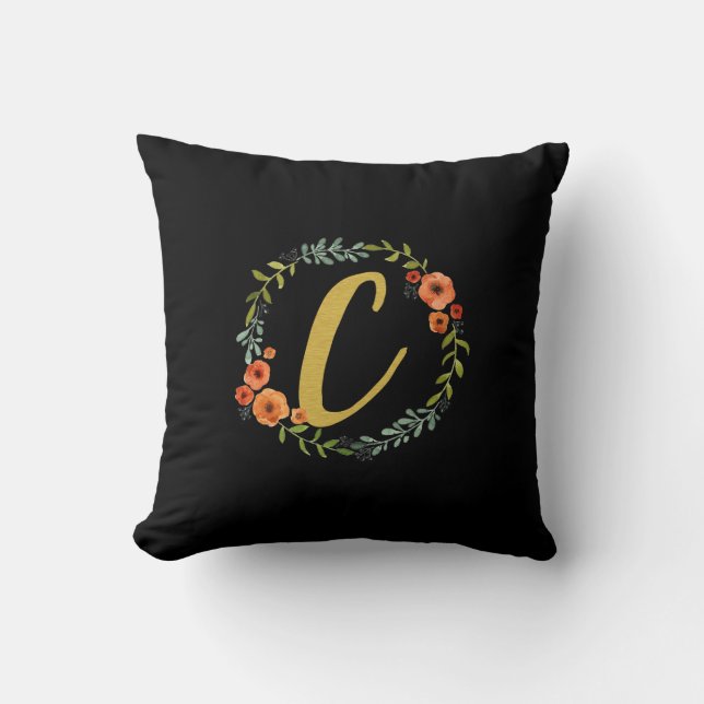 Flower Wreath Gold Monogram Initial C Cushion (Front)